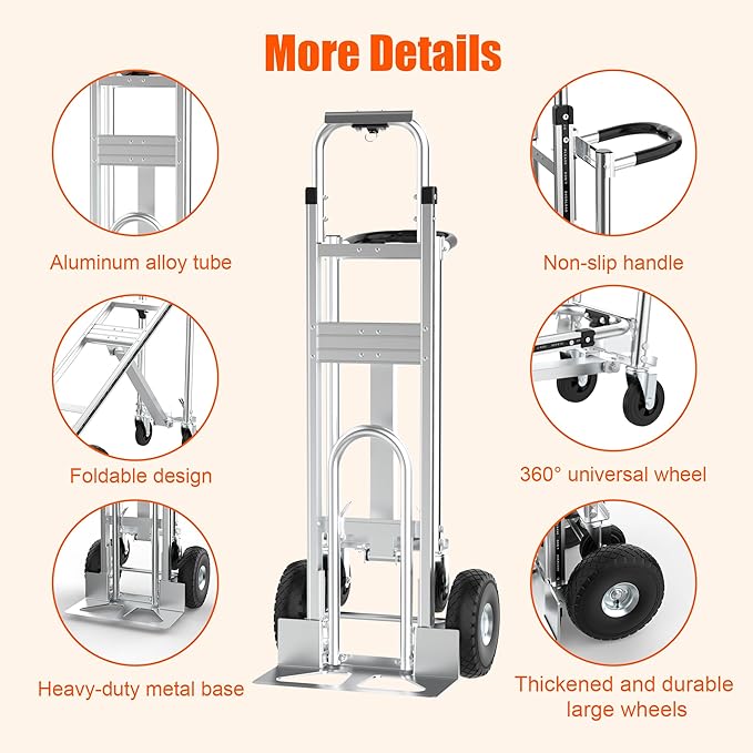 3 in1 Convertible Hand Truck, Folding Aluminum Hand Trucks 880lb Load Appliance Dolly, Heavy Duty Dolly Cart Converts Platform Cart, Portable Cart Luggage,Travel,Moving,Shopping,Office Use (Silver)